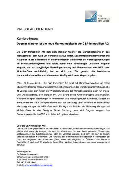 Dagmar Wagner Marketingleiterin der C&P Immobilien AG, Seite 1/1, komplettes Dokument unter http://boerse-social.com/static/uploads/file_698_dagmar_wagner_marketingleiterin_der_cp_immobilien_ag.pdf (29.02.2016) 
