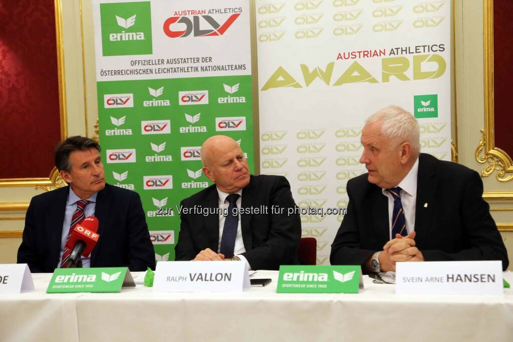 IAAF-Präsident Sebastian Coe, ÖLV-Präsident Ralph Vallon, EA-Präsident Svein-Arne Hansen (Bild: ÖLV) (01.03.2016) 