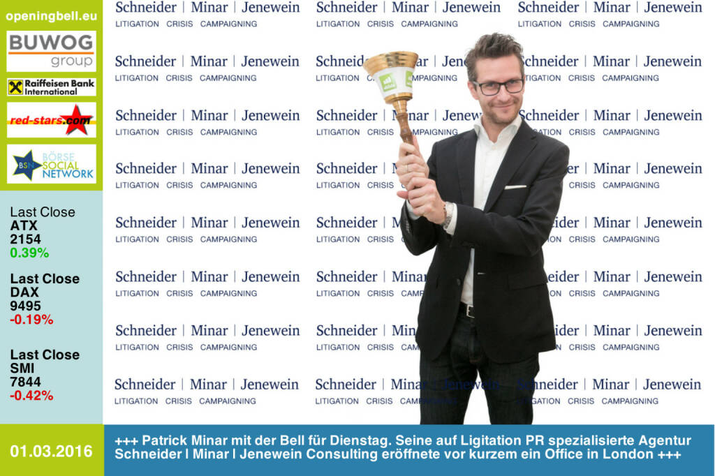 #openingbell am 1.3: Patrick Minar mit der Opening Bell für Dienstag. Seine auf Ligitation PR spezialisierte  Agentur Schneider | Minar | Jenewein Consulting eröffnete vor kurzem ein Office in London http://www.smj.at http://www.openingbell.eu (01.03.2016) 