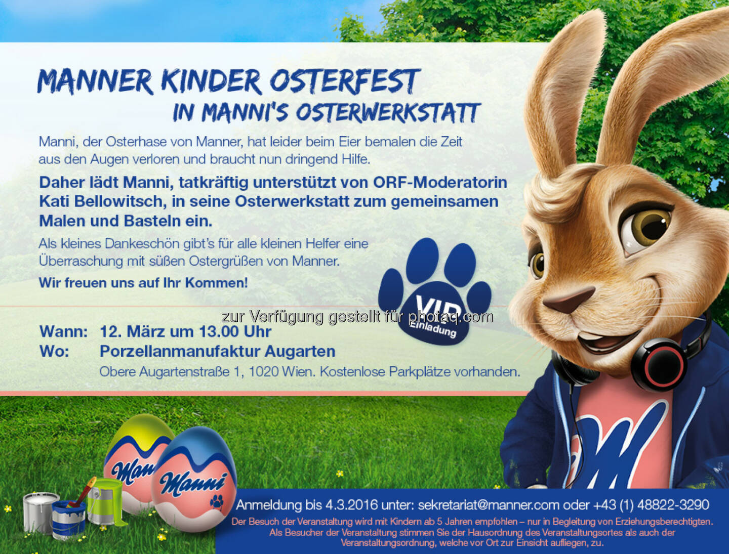 Einladung zum Manner Osterfest : Manner lädt zum Kinder & VIP Osterfest : Kinder und Promis malen und basteln in Mannis Osterwerkstatt, dem Osterhasen von Manner : Fotocredit: Manner