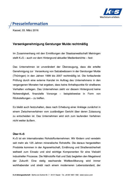 K+S AG: Versenkgenehmigung Gerstunger Mulde rechtmäßig, Seite 1/2, komplettes Dokument unter http://boerse-social.com/static/uploads/file_721_ks_ag_versenkgenehmigung_gerstunger_mulde_rechtmassig.pdf (03.03.2016) 