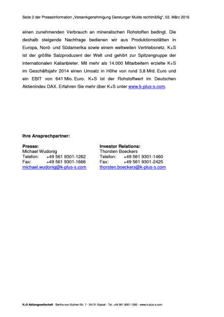 K+S AG: Versenkgenehmigung Gerstunger Mulde rechtmäßig, Seite 2/2, komplettes Dokument unter http://boerse-social.com/static/uploads/file_721_ks_ag_versenkgenehmigung_gerstunger_mulde_rechtmassig.pdf (03.03.2016) 