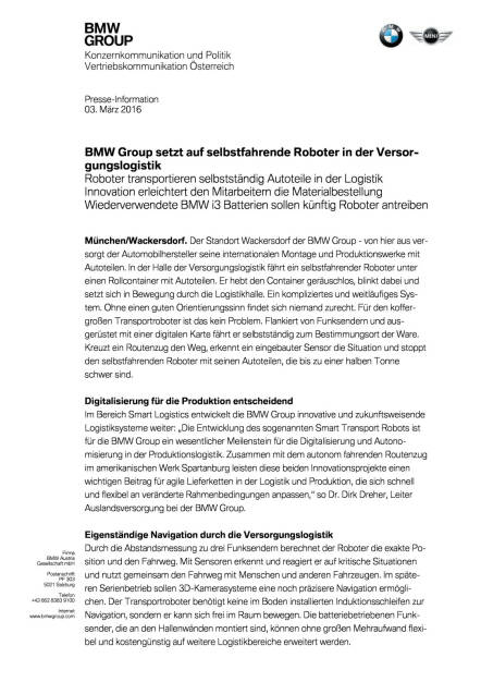 BMW Group setzt auf selbstfahrende Roboter in der Versorgungslogistik, Seite 1/3, komplettes Dokument unter http://boerse-social.com/static/uploads/file_727_bmw_group_setzt_auf_selbstfahrende_roboter_in_der_versorgungslogistik.pdf (03.03.2016) 
