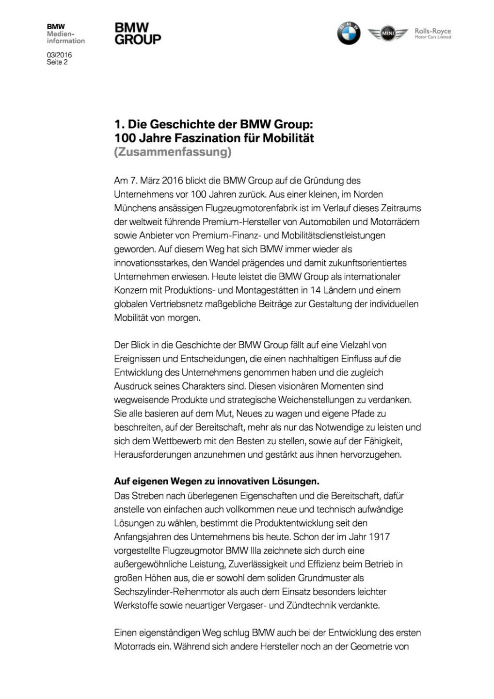 Die Geschichte der BMW Group - 100 Jahre Faszination für Mobilität , Seite 2/41, komplettes Dokument unter http://boerse-social.com/static/uploads/file_729_die_geschichte_der_bmw_group_-_100_jahre_faszination_fur_mobilitat.pdf