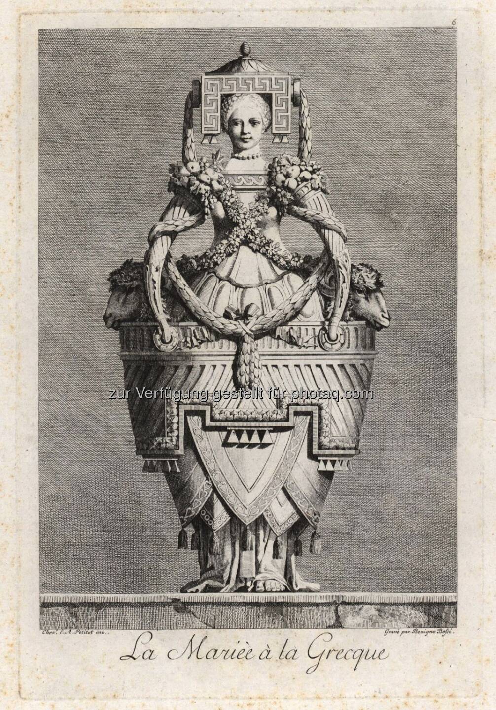 Ennemond Alexandre Petitot, Bergere à la Grecque, aus der Serie Mascarade à la Grecque, Parma, 1777, Radierung : MAK zeigt Mode-Utopien. Haute Couture in der Grafik : Fotocredit: MAK