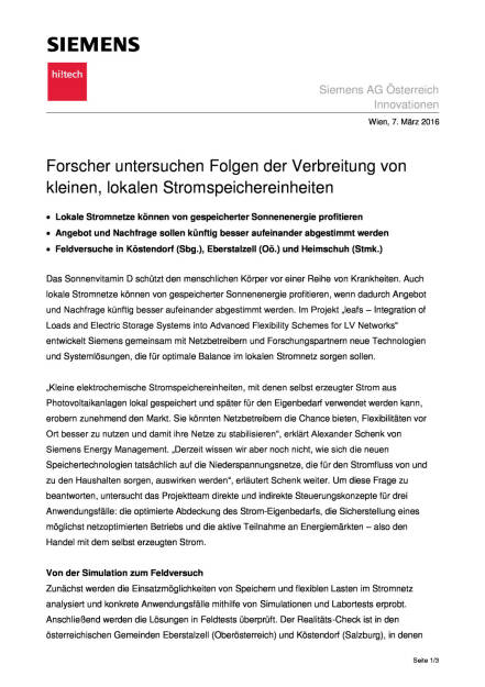 Siemens: Forscher untersuchen Folgen der Verbreitung von kleinen, lokalen Stromspeichereinheiten, Seite 1/3, komplettes Dokument unter http://boerse-social.com/static/uploads/file_739_siemens_forscher_untersuchen_folgen_der_verbreitung_von_kleinen_lokalen_stromspeichereinheiten.pdf (07.03.2016) 