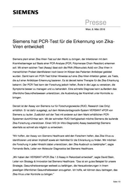 Siemens hat PCR-Test für die Erkennung von Zika-Viren entwickelt, Seite 1/2, komplettes Dokument unter http://boerse-social.com/static/uploads/file_747_siemens_hat_pcr-test_fur_die_erkennung_von_zika-viren_entwickelt.pdf (08.03.2016) 