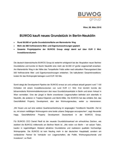 Buwog Group kauft neues Grundstueck in Berlin-Neukoelln, Seite 1/2, komplettes Dokument unter http://boerse-social.com/static/uploads/file_749_buwog_group_kauft_neues_grundstueck_in_berlin-neukoelln.pdf (08.03.2016) 