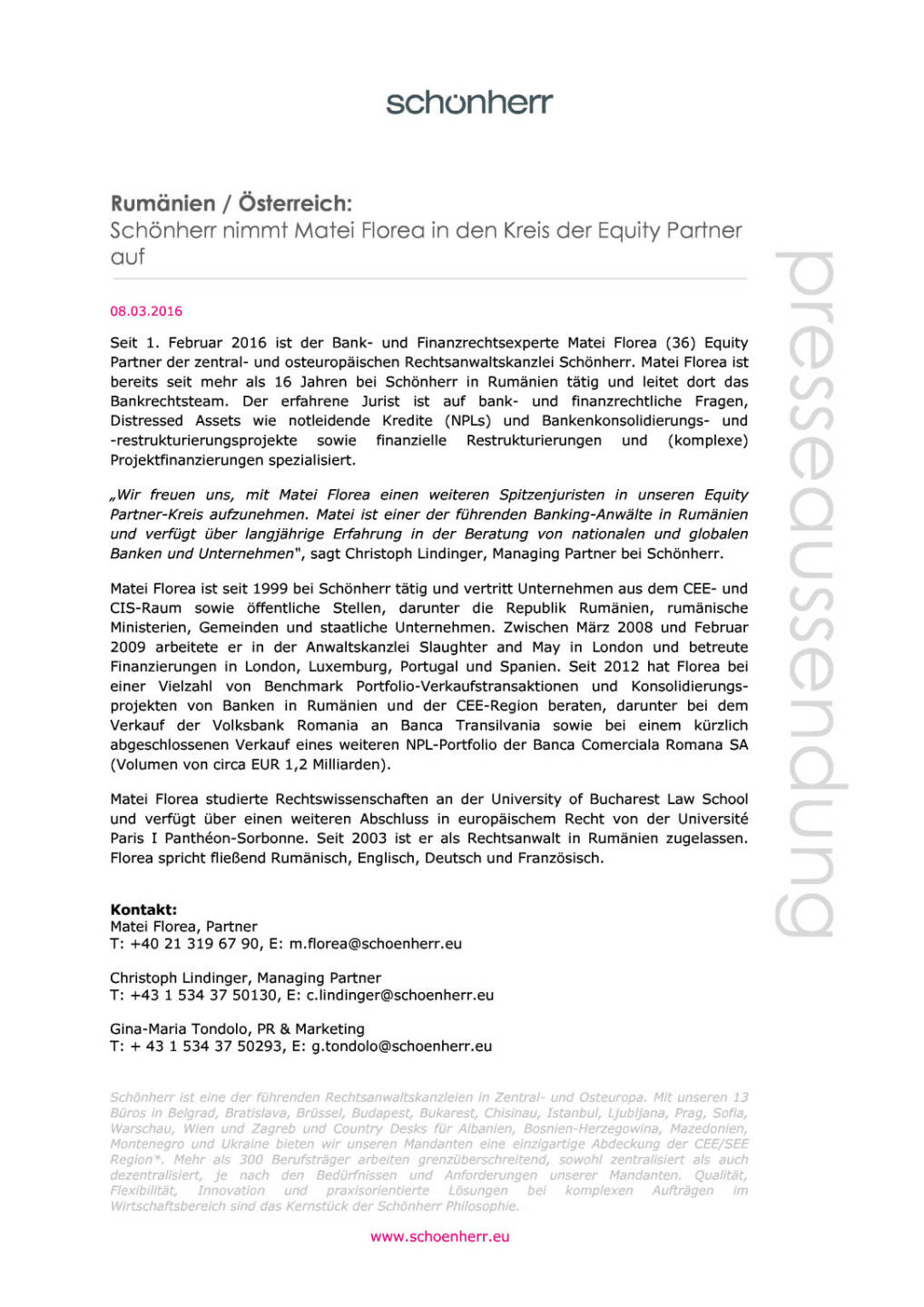 Sch&ouml;nherr nimmt Matei Florea in den Kreis der Equity Partner auf, Seite 1/2, komplettes Dokument unter http://boerse-social.com/static/uploads/file_748_schonherr_nimmt_matei_florea_in_den_kreis_der_equity_partner_auf.pdf