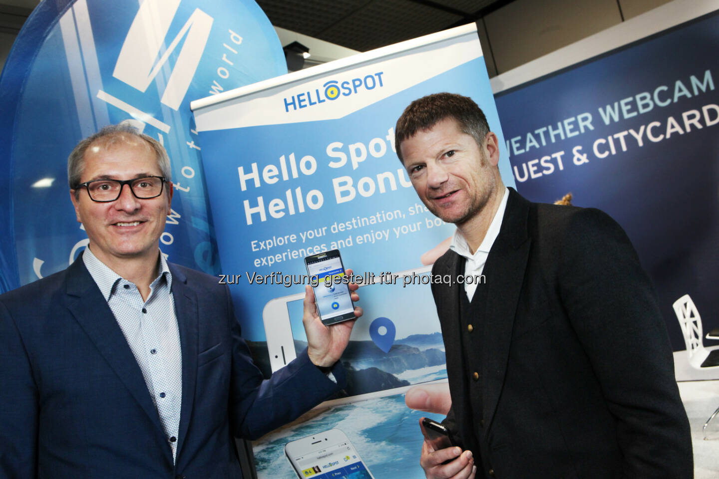 Walter Dietl (Projektverantwortlicher), Markus Schröcksnadel (feratel-CEO) : feratel forciert mit „HelloSpot“ und einer innovativen „SocialWall“ die Interaktion mit Gästen : Präsentation auf der ITB 2016 in Berlin : Fotocredit: APA-OTS Tourismuspresse / feratel zur freien Verwendung