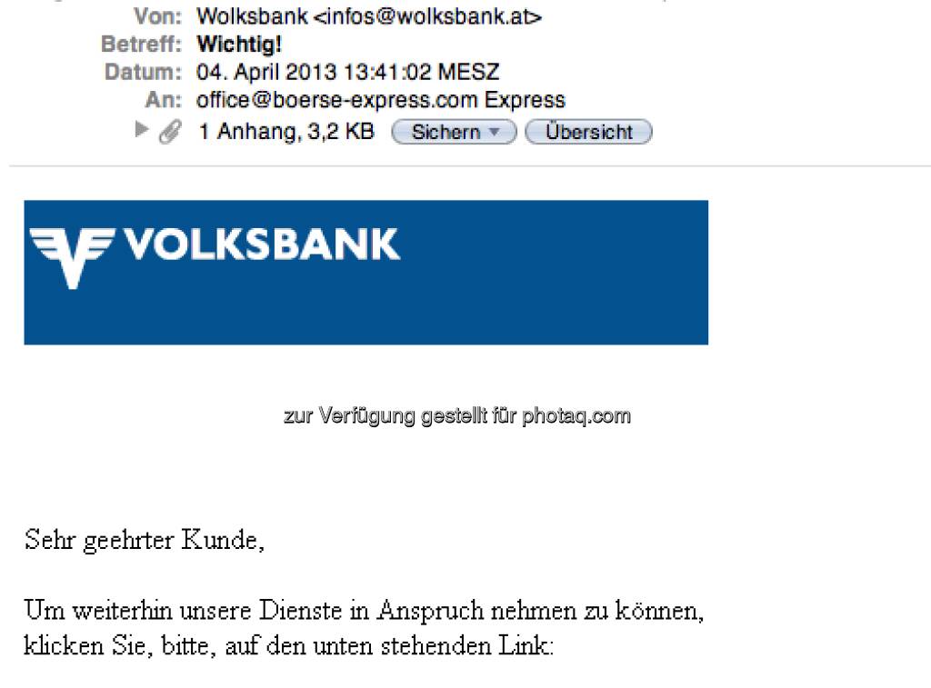 Wolksbank statt Volksbank im Absender (07.04.2013) 