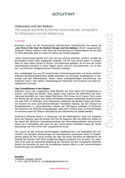 Schönherr: The Lawyer zeichnet Schönherr als Kanzlei des Jahres 2016 für Osteuropa und den Balkan aus, Seite 1/2, komplettes Dokument unter http://boerse-social.com/static/uploads/file_775_schonherr_the_lawyer_zeichnet_schonherr_als_kanzlei_des_jahres_2016_fur_osteuropa_und_den_balkan_aus.pdf (11.03.2016) 