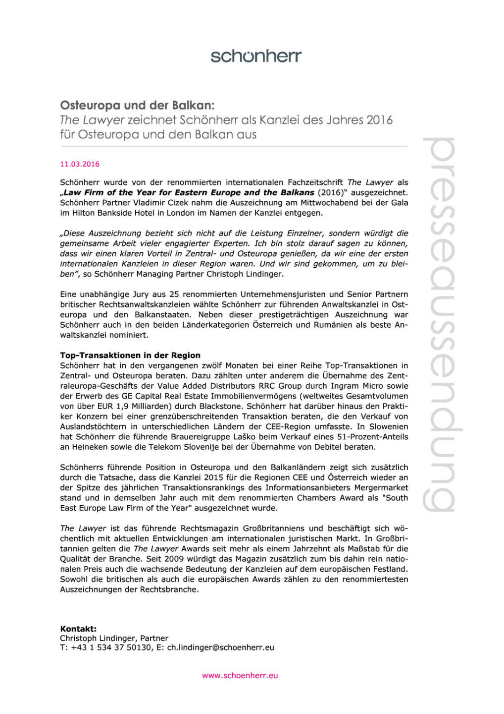 Schönherr: The Lawyer zeichnet Schönherr als Kanzlei des Jahres 2016 für Osteuropa und den Balkan aus, Seite 1/2, komplettes Dokument unter http://boerse-social.com/static/uploads/file_775_schonherr_the_lawyer_zeichnet_schonherr_als_kanzlei_des_jahres_2016_fur_osteuropa_und_den_balkan_aus.pdf