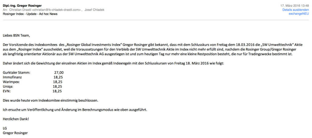 Indexevent Rosinger-Index 10: Herausnahme SW Umwelttechnik per Schlusskurs 18.3.2016, effektiv per Marktstart 21.03.2016 (17.03.2016) 