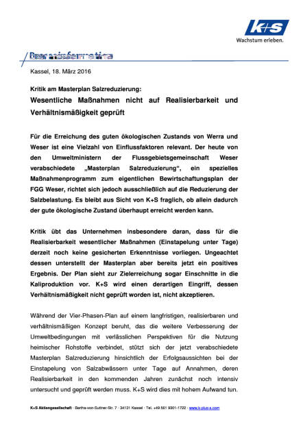 K+S AG Presseinformation: Kritik am Masterplan Salzreduzierung, Seite 1/3, komplettes Dokument unter http://boerse-social.com/static/uploads/file_802_ks_ag_presseinformation_kritik_am_masterplan_salzreduzierung.pdf (18.03.2016) 