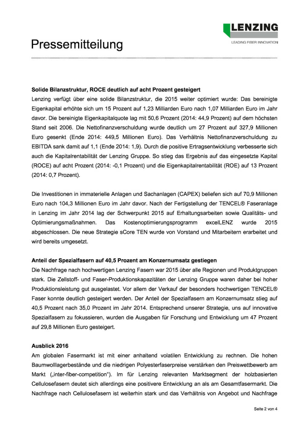 Lenzing Ergebnisse 2015, Seite 2/4, komplettes Dokument unter http://boerse-social.com/static/uploads/file_810_lenzing_ergebnisse_2015.pdf