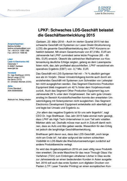 LPKF: Schwaches LDS-Geschäft belastet die Geschäftsentwicklung 2015, Seite 1/2, komplettes Dokument unter http://boerse-social.com/static/uploads/file_811_lpkf_schwaches_lds-geschaft_belastet_die_geschaftsentwicklung_2015.pdf (23.03.2016) 