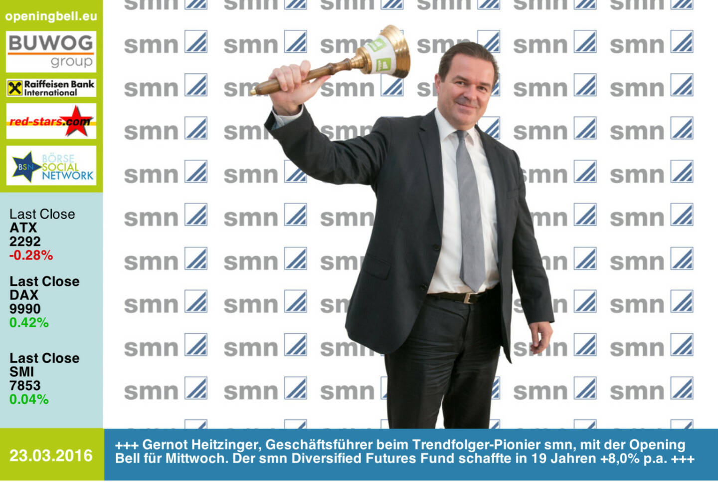 #openingbell am 23.3.: Gernot Heitzinger, Geschäftsführer beim Trendfolger-Pionier smn, mit der Opening Bell für Mittwoch. Der smn Diversified Futures Fund schaffte in 19 Jahren +8,0% p.a. http://www.smn.at http://www.openingbell.eu