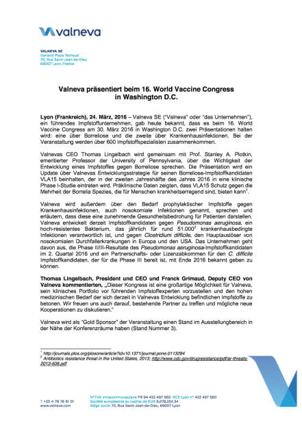 Valneva präsentiert beim 16. World Vaccine Congress, Seite 1/3, komplettes Dokument unter http://boerse-social.com/static/uploads/file_813_valneva_präsentiert_beim_16_world_vaccine_congress.pdf (24.03.2016) 