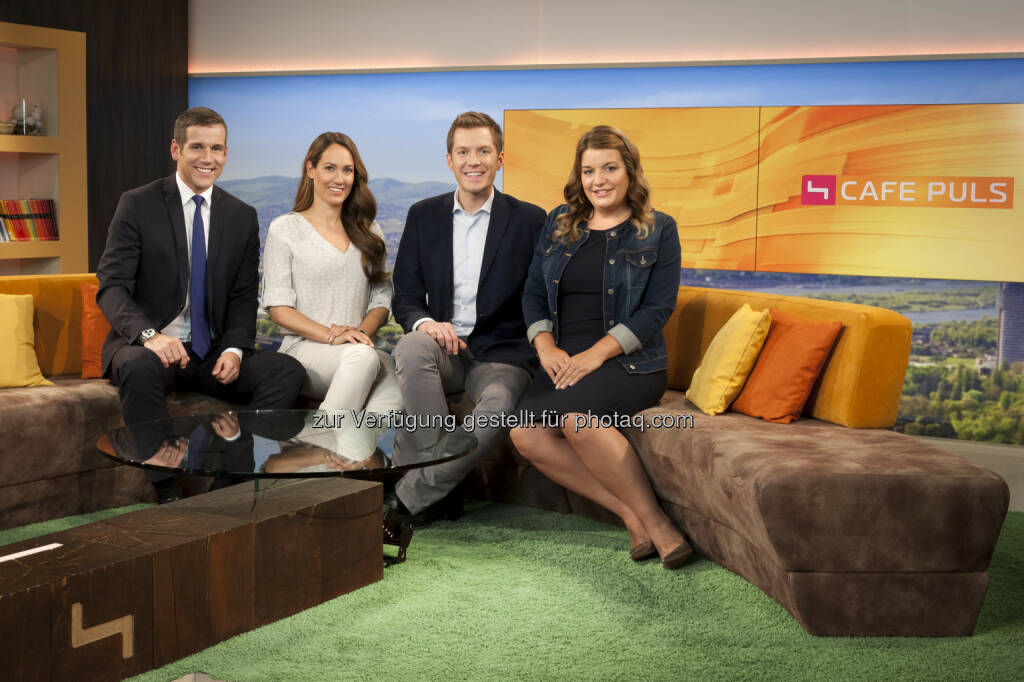 Werner Sejka, Bianca Schwarzjirg, Florian Danner, Verena Schneider : Die Pioniere feiern das Frühstücksfernsehen und zahlreiche Stargäste feiern mit der Café Puls Familie ab Montag, den 29. März : Fotocredit: Puls4/Gerry Frank Photography, © Aussendung (24.03.2016) 