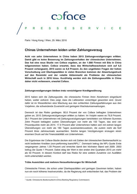 coface: Chinas Unternehmen leiden unter Zahlungsverzug, Seite 1/5, komplettes Dokument unter http://boerse-social.com/static/uploads/file_819_coface_chinas_unternehmen_leiden_unter_zahlungsverzug.pdf (29.03.2016) 