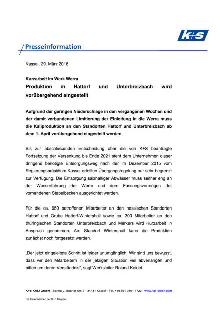 K+S: Produktion vorübergehend eingestellt, Seite 1/2, komplettes Dokument unter http://boerse-social.com/static/uploads/file_820_ks_produktion_vorubergehend_eingestellt.pdf (29.03.2016) 