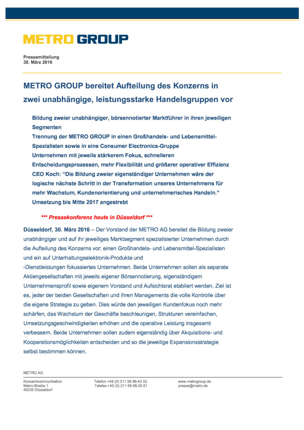 Metro Group: Aufteilung des Konzerns, Seite 1/4, komplettes Dokument unter http://boerse-social.com/static/uploads/file_822_metro_group_aufteilung_des_konzerns.pdf