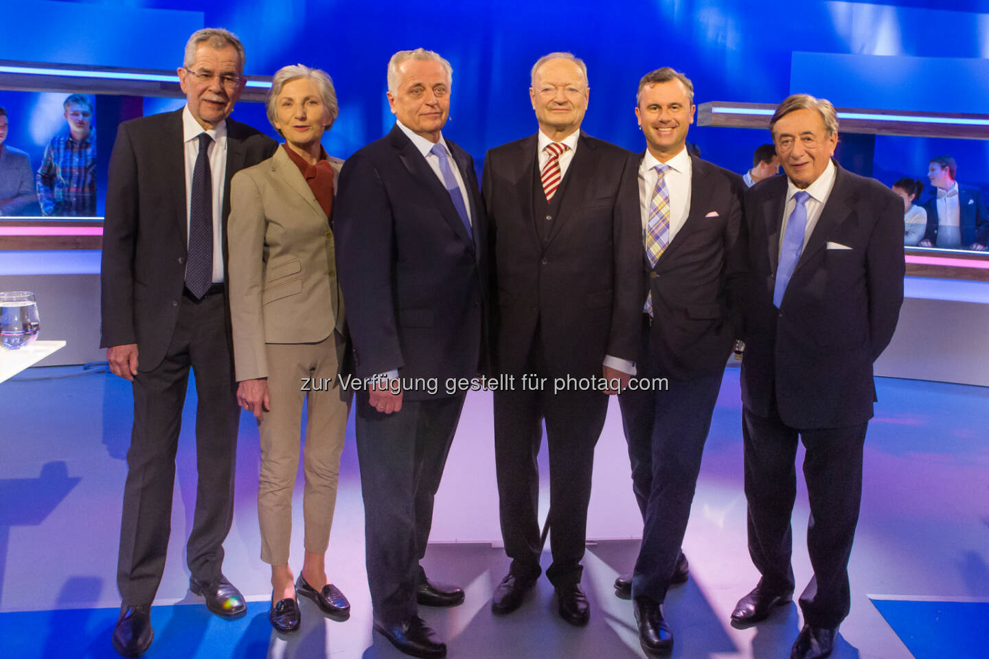Alexander Van der Bellen, Irmgard Griss,  Rudolf Hundstorfer, Andreas Khol, Norbert Hofer, Richard Lugner (Kandidaten BP-Wahl) : Rekordquote für Puls 4-Infoshow : Bis zu 478.000 ZuseherInnen verfolgten gestern live die Puls 4-Elefantenrunde : Fotocredit: Christian Mikes