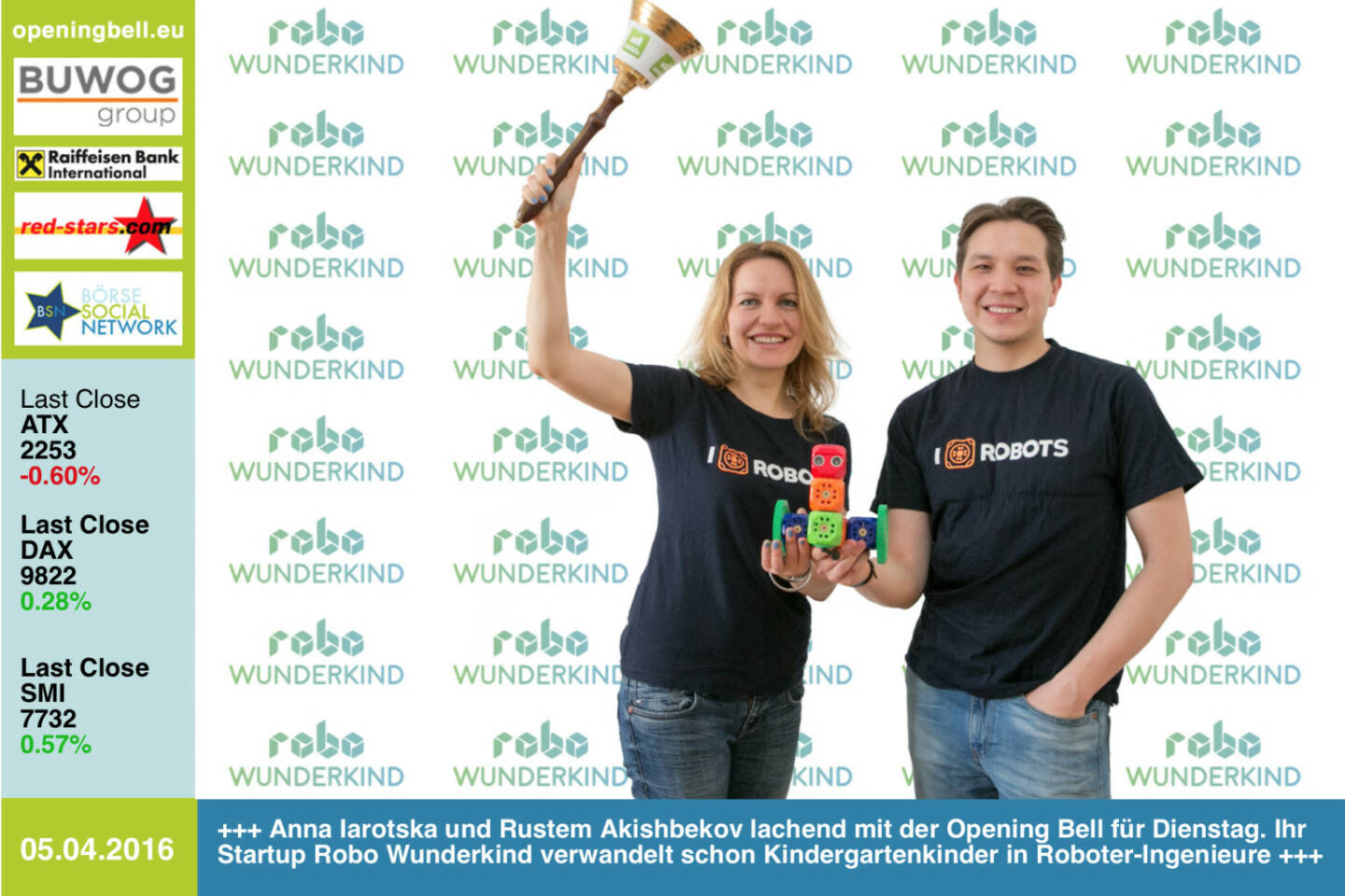 #openingbell am 5.4.: Anna Iarotska und Rustem Akishbekov lachend mit der Opening Bell für Dienstag. Ihr Startup Robo Wunderkind verwandelt schon Kindergartenkinder in Roboter-Ingenieure http://www.startrobo.com http://www.openingbell.eu