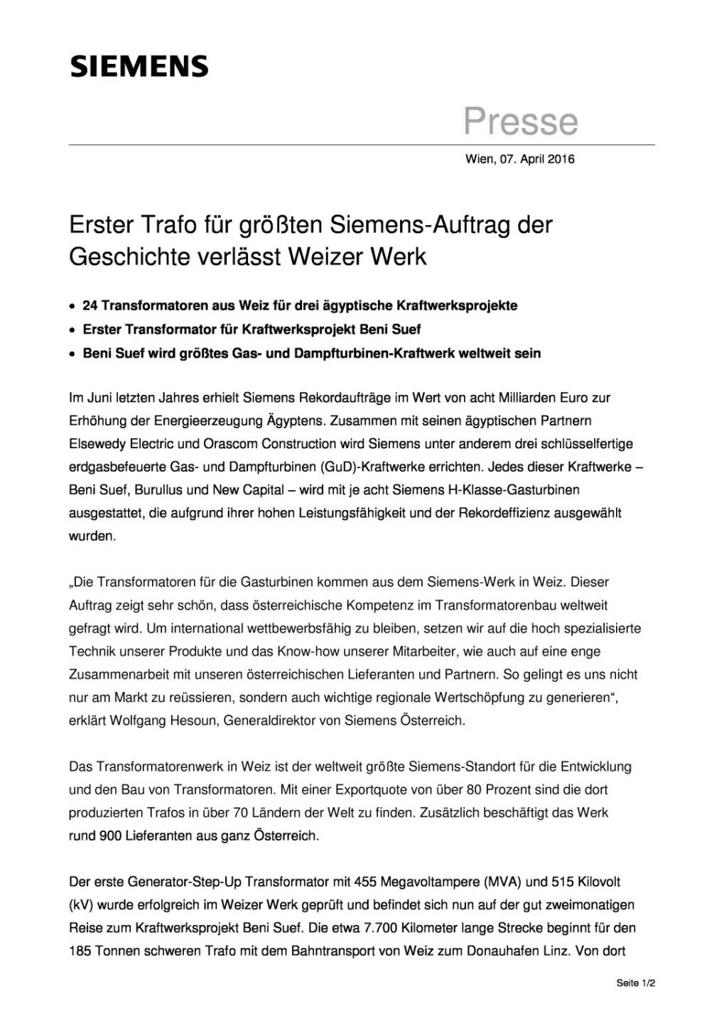 Siemens: Tranformator für Ägypten, Seite 1/2, komplettes Dokument unter http://boerse-social.com/static/uploads/file_859_siemens_tranformator_fur_agypten.pdf