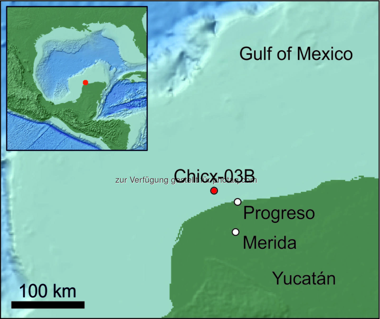 Lageplan Chicxulub-Krater : Naturhistorisches Museum Wien beteiligt sich an einer internationalen Expedition und Offshore-Bohrung am Chicxulub-Krater in Mexiko : Fotocredit: NHM/Mellett/Claire L.