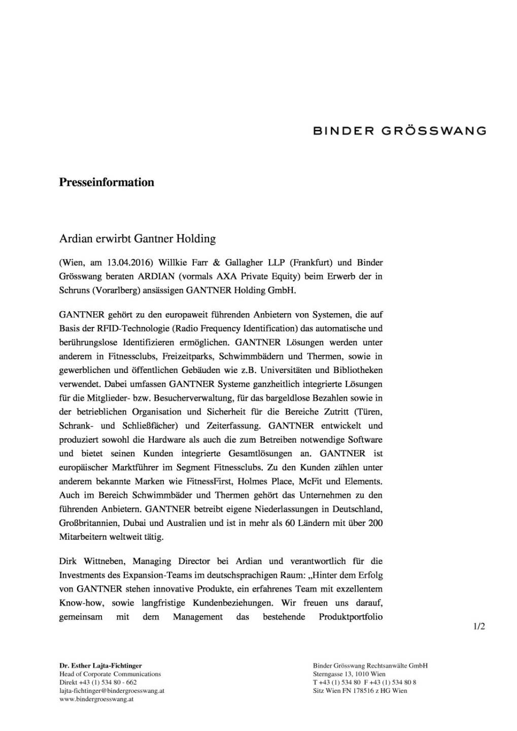 Binder Grösswang berät Ardian beim Erwerb der Gantner Holding, Seite 1/2, komplettes Dokument unter http://boerse-social.com/static/uploads/file_881_binder_grosswang_berat_ardian_beim_erwerb_der_gantner_holding.pdf