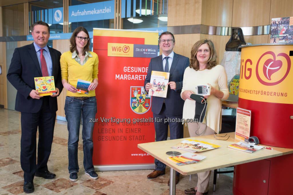 Markus Zemanek (GF Krankenhaus St. Elisabeth), Monika Bader-Wehinger (Programmleiterin Gesundes Margareten), Andreas Achrainer (GF Hartmannspital), Susanne Schäfer-Wiery (Bezirksvorsteherin) : Gesundheitstour der Wiener Gesundheitsförderung zu Besuch im Hartmannspital in Margareten für umfassende Gesundheitsbetreuung : Fotocredit: WiG - Rinkhy, © Aussender (15.04.2016) 