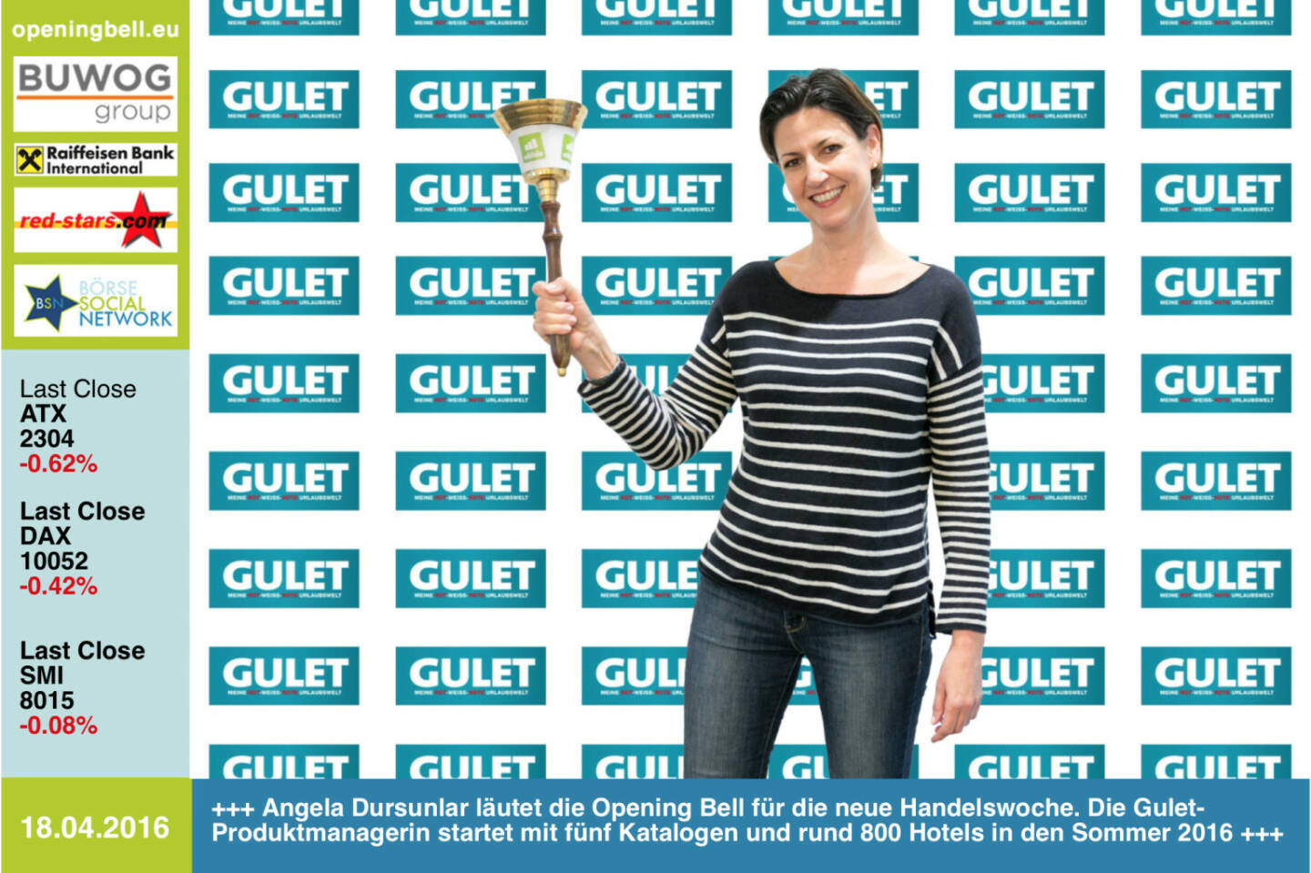 #openingbell am 18.4.: Angela Dursunlar läutet die Opening Bell für die neue Handelswoche. Die Gulet-Produktmanagerin startet mit fünf Katalogen und rund 800 Hotels in den Sommer 2016 http://www.gulet.at http://www.openingbell.eu