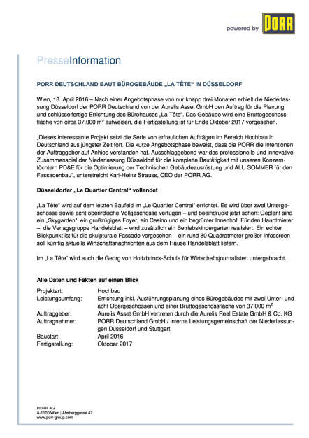 Porr Deutschland baut Bürogebäude La Tete in Düsseldorf, Seite 1/2, komplettes Dokument unter http://boerse-social.com/static/uploads/file_898_porr_deutschland_baut_burogebaude_la_tete_in_dusseldorf.pdf (18.04.2016) 