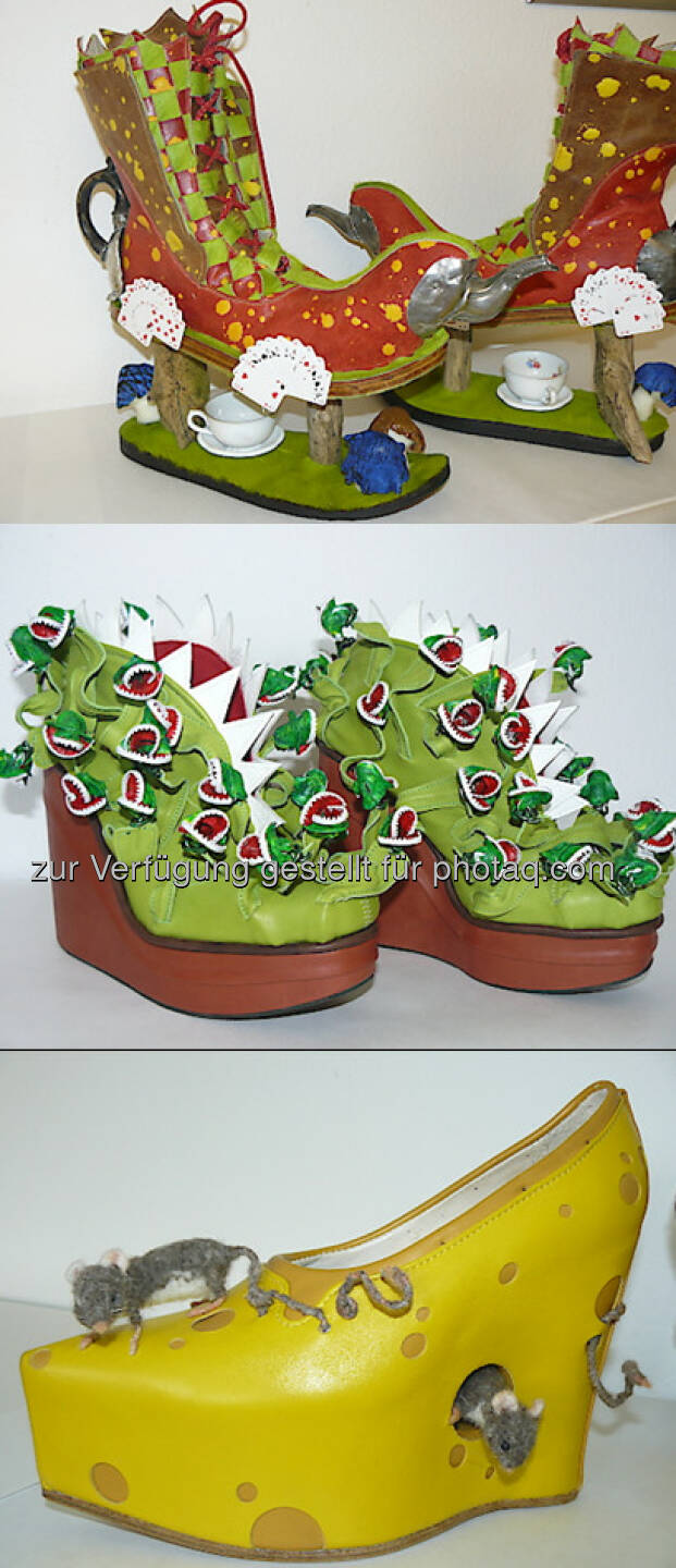 Alice im Wunderland, Fleischfressende Pflanze, Käseschuh mit fröhlichen Filzmäusen : Das Schuhmacherhandwerk zeigt seine verrückteste Seite : Galaabend am 28. April 2016 im Studio 44 - zum 9. Mal werden die verrücktesten Schuhkunstwerke gekürt : Fotocredit: Landesinnung Wien der Schuhmacher