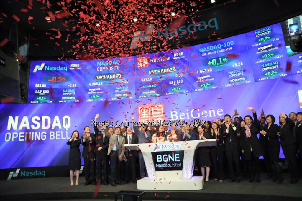 BeiGene rings the Nasdaq Opening Bell in celebration of recent #IPO!   Source: http://facebook.com/NASDAQ (21.04.2016) 