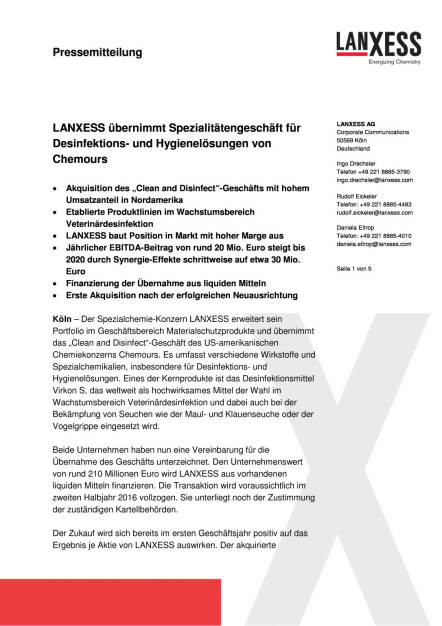 Lanxess übernimmt Spezialitätengeschäft für Desinfektions- und Hygienelösungen von Chemours, Seite 1/5, komplettes Dokument unter http://boerse-social.com/static/uploads/file_941_lanxess_ubernimmt_spezialitatengeschaft_fur_desinfektions-_und_hygienelosungen_von_chemours.pdf (25.04.2016) 