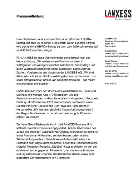 Lanxess übernimmt Spezialitätengeschäft für Desinfektions- und Hygienelösungen von Chemours, Seite 2/5, komplettes Dokument unter http://boerse-social.com/static/uploads/file_941_lanxess_ubernimmt_spezialitatengeschaft_fur_desinfektions-_und_hygienelosungen_von_chemours.pdf (25.04.2016) 