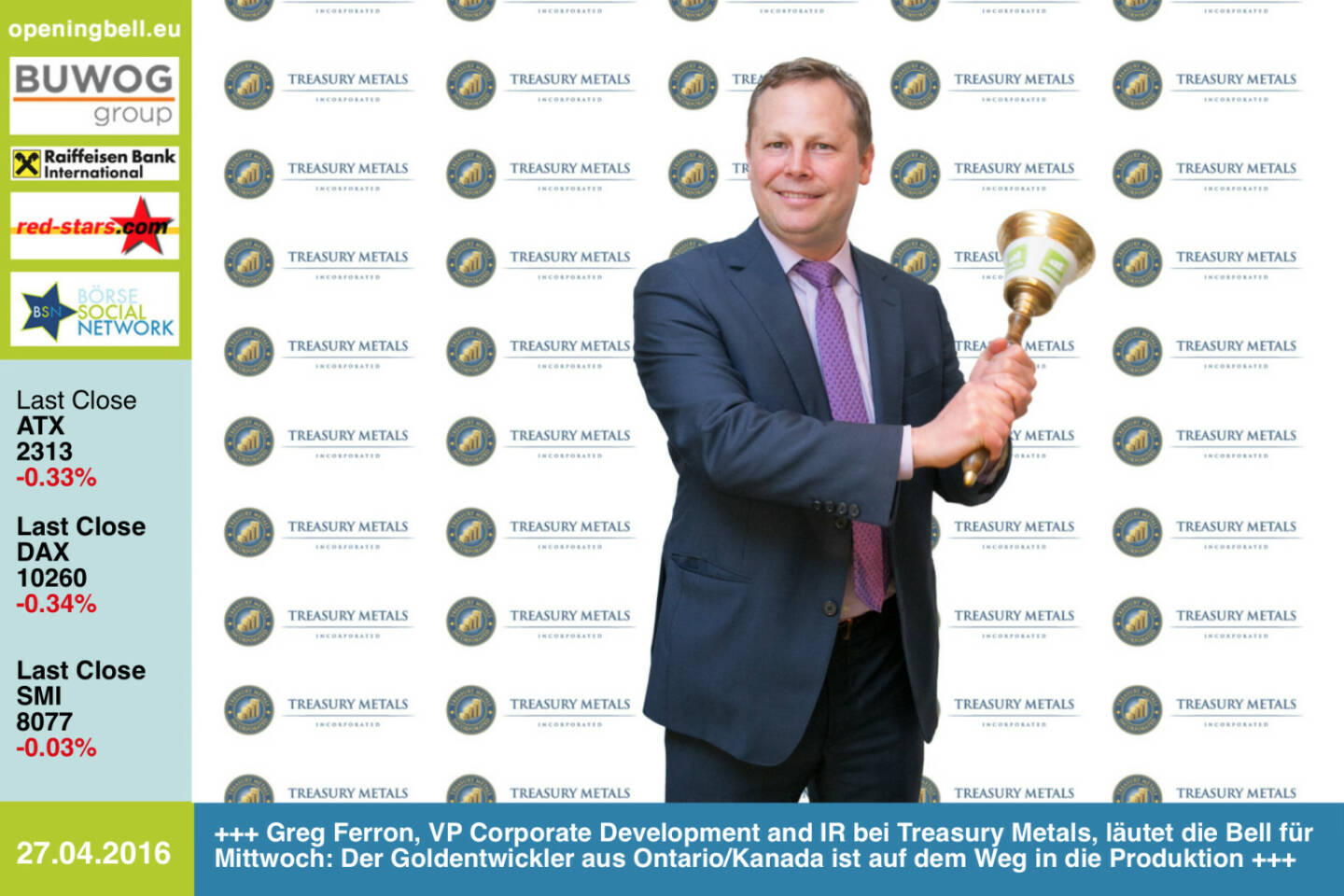 #openingbell am 27.4: Greg Ferron, VP Corporate Development and IR bei Treasury Metals, läutet die Opening Bell für Mittwoch: Der Goldentwickler aus Ontario/Kanada ist auf dem Weg in die Produktion http://www.treasurymetals.com http://www.openingbell.eu