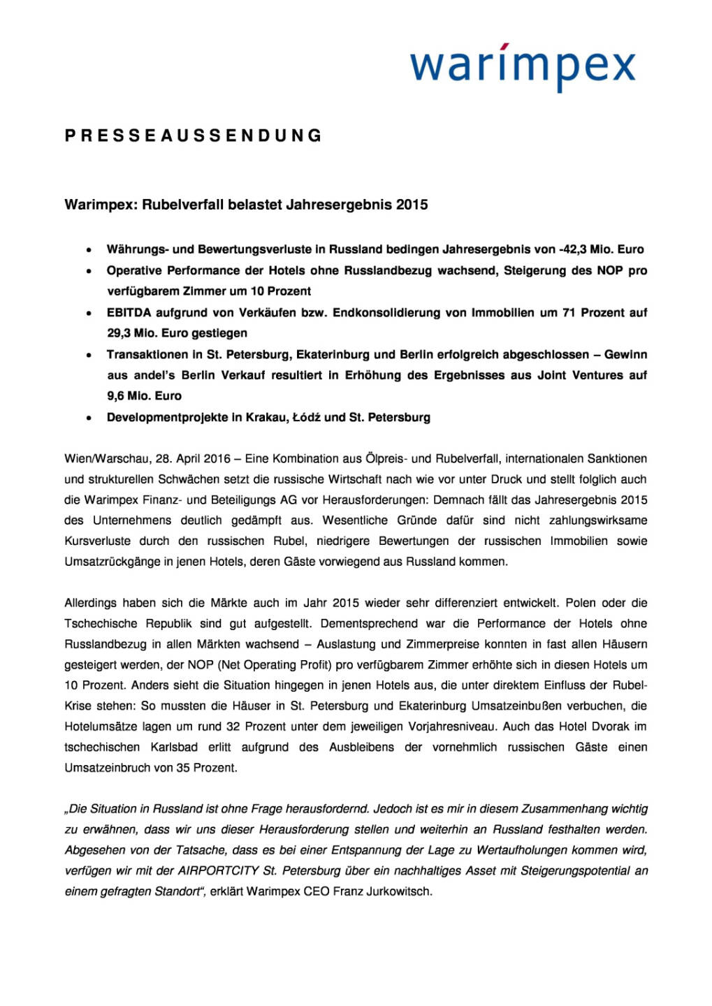 Warimpex: Rubelverfall belastet Jahresergebnis 2015, Seite 1/5, komplettes Dokument unter http://boerse-social.com/static/uploads/file_963_warimpex_rubelverfall_belastet_jahresergebnis_2015.pdf