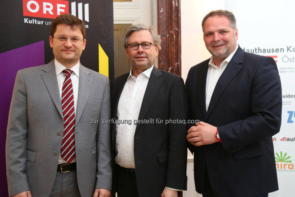 Johannes Neubert (Intendant der Wiener Symphoniker), Alexander Wrabetz (ORF-Generaldirektor), Willi Mernyi (Vorsitzender Mauthausen Komitee Österreich) : Fest der Freude am 8. Mai: Befreiung Österreichs vom Nationalsozialismus : Gratis-Konzert der Wiener Symphoniker; ORF Live-übertragung und 3-teilige Dokumentation über Außenlager des KZ Mauthausen : Fotocredit: Mauthausen Komitee Österreich/APA-Fotoservice/Schedl, © Aussendung (28.04.2016)