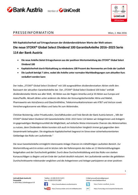 Bank Austria: Die neue STOXX® Global Select Dividend 100 GarantieAnleihe 2016–2023 Serie 114, Seite 1/3, komplettes Dokument unter http://boerse-social.com/static/uploads/file_981_die_neue_stoxx_global_select_dividend_100_garantieanleihe_20162023_serie_114.pdf (02.05.2016) 