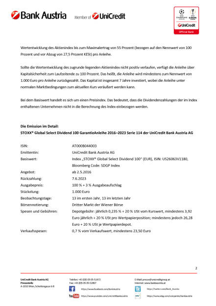 Bank Austria: Die neue STOXX® Global Select Dividend 100 GarantieAnleihe 2016–2023 Serie 114, Seite 2/3, komplettes Dokument unter http://boerse-social.com/static/uploads/file_981_die_neue_stoxx_global_select_dividend_100_garantieanleihe_20162023_serie_114.pdf (02.05.2016) 