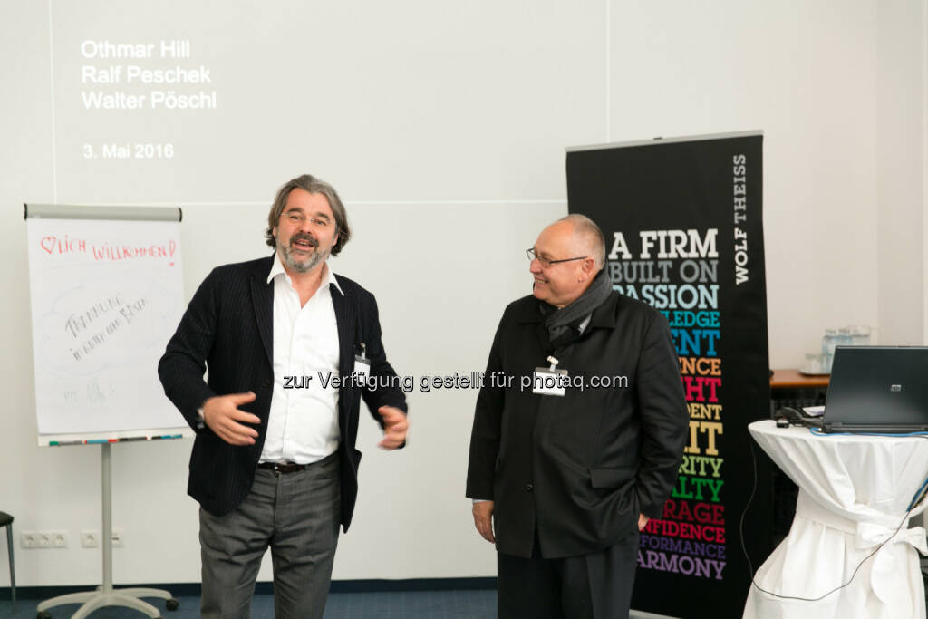Ralf Peschek (Partner Wolf Theiss), Othmar Hill (Eigentümer und CEO Hill International) : Wolf Theiss Employment Workshop : Kündigung - Trennung im Guten oder Bösen? : Fotocredit: Wolf Theiss/Unger, © Aussender (04.05.2016)