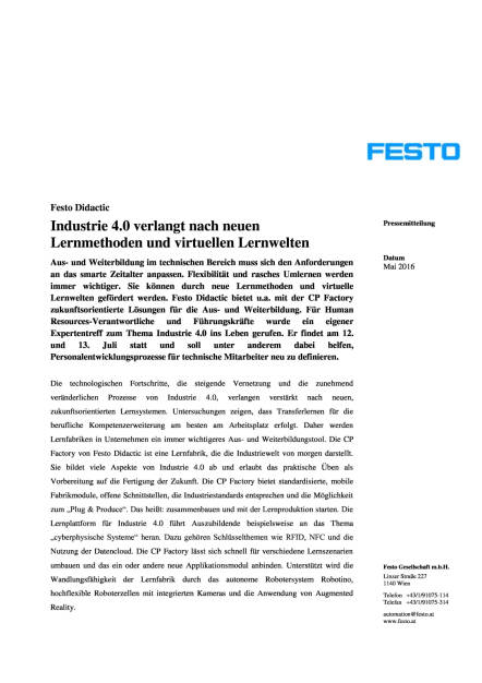 Festo Didactic: Industrie 4.0 verlangt nach neuen Lernmethoden und virtuellen Lernwelten, Seite 1/3, komplettes Dokument unter http://boerse-social.com/static/uploads/file_1009_festo_didactic_industrie_40_verlangt_nach_neuen_lernmethoden_und_virtuellen_lernwelten.pdf (04.05.2016) 