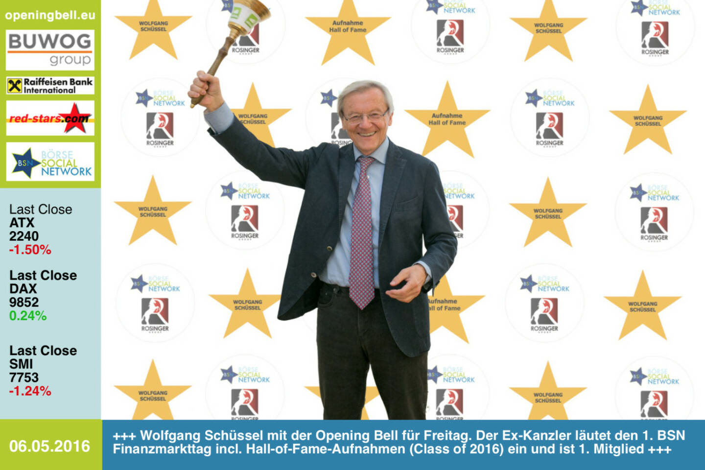 #openingbell am 6.5: Wolfgang Schüssel mit der Opening Bell für Freitag. Der Ex-Kanzler läutet den 1. BSN Finanzmarkttag incl. Hall-of-Fame-Aufnahmen (Class of 2016) ein und ist 1. Mitglied. Heute vor 25 Jahren war der ATX erstmals in den Tageszeitungen http://www.openingbell.eu http://www.boerse-social.com/programm