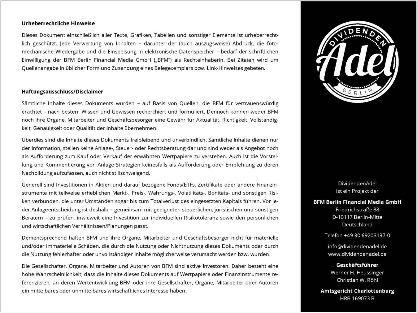 Dividendenstudie Österreich 2016 Urheberrechtliche Hinweise