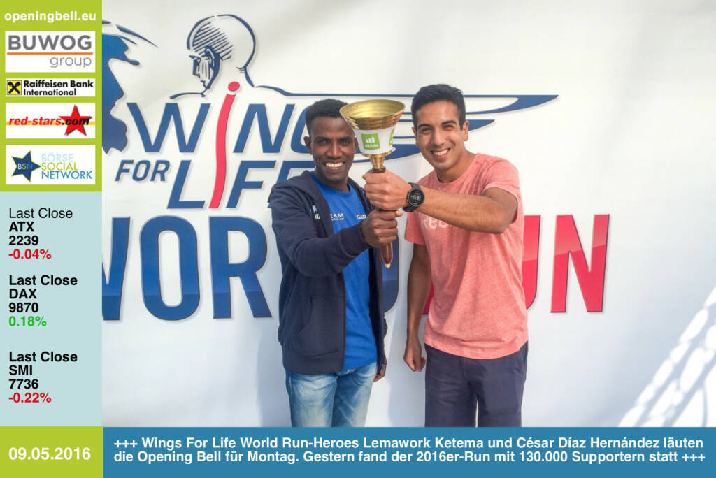 #openingbell am 9.5: Wings For Life World Run-Heroes Lemawork Ketema und César Díaz Hernández läuten die Opening Bell für Montag. Gestern fand der 2016er-Run mit 130.000 Supportern statt - Fotos Wien http://www.photaq.com/page/index/2509 - http://www.photaq.com/page/index/2510 http://www.openingbell.eu (09.05.2016) 