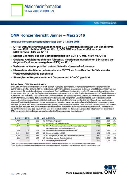 OMV Konzernbericht Jänner – März 2016, Seite 1/22, komplettes Dokument unter http://boerse-social.com/static/uploads/file_1031_omv_konzernbericht_janner_marz_2016.pdf (11.05.2016) 